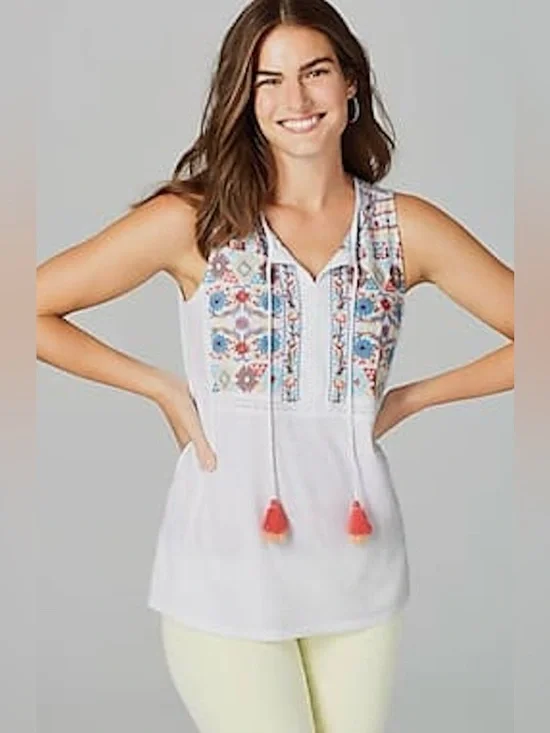 J. Jill Embroidered Sleeveless Knit Tank Top Tassel Tie Floral White Boho Medium - Picture 5 of 14